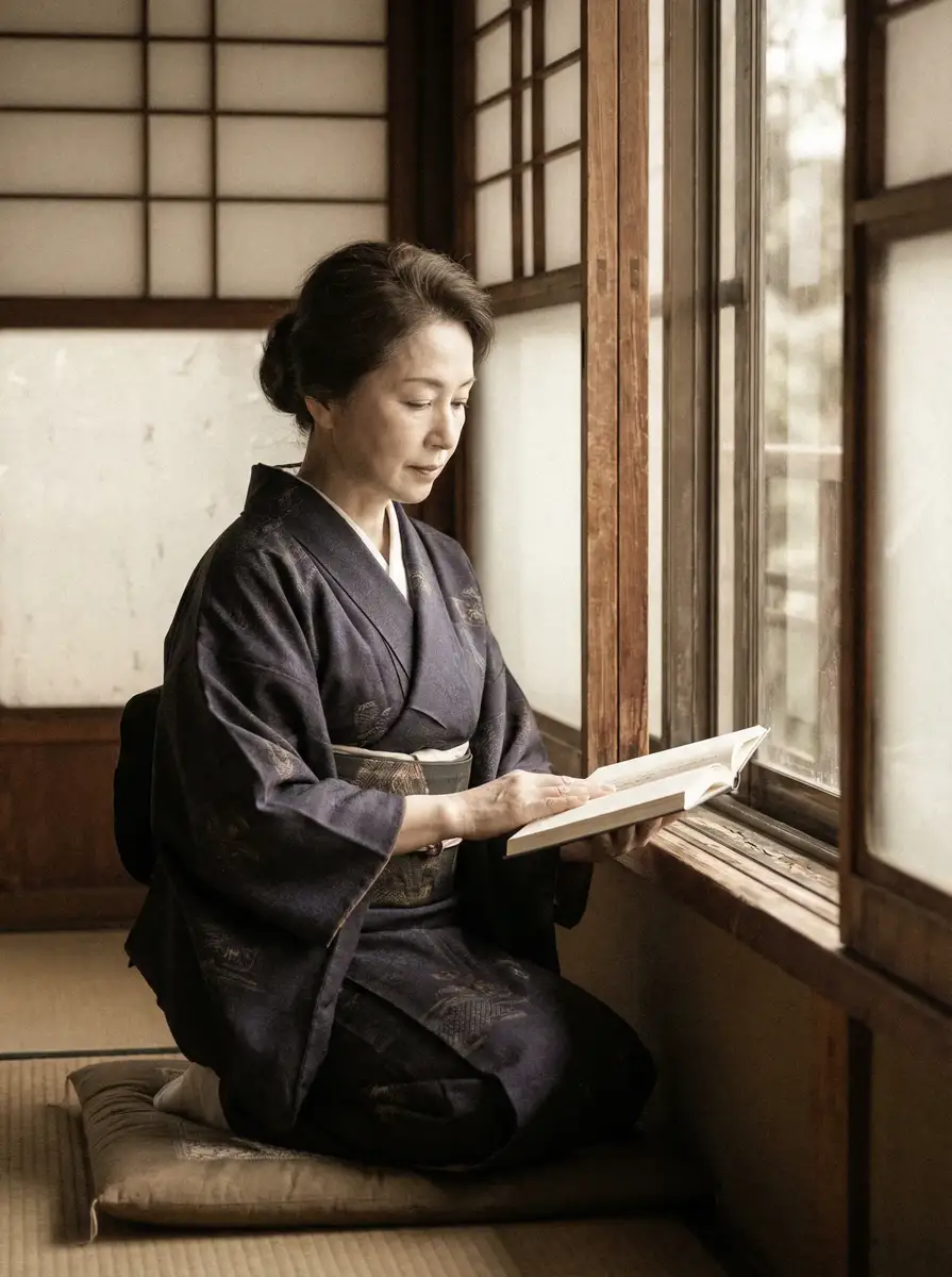 一位优雅的五十岁 杏彩体育网址 身穿深蓝色和服，在窗边静读